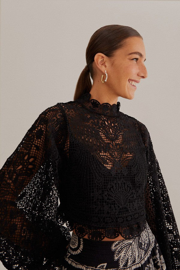Black Guipure Long Sleeve Blouse