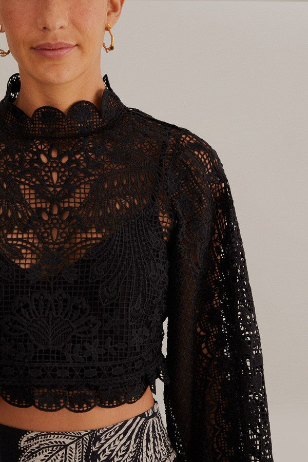 Black Guipure Long Sleeve Blouse