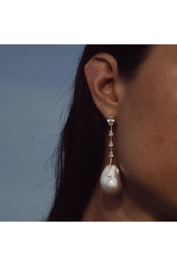 Dangling CZ Baroque Pearl Earrings