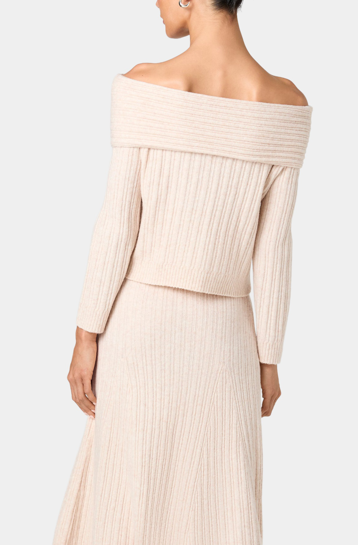 Lucien Knit Off Shoulder Relaxed Pullover in Oatmeal Mel – back view