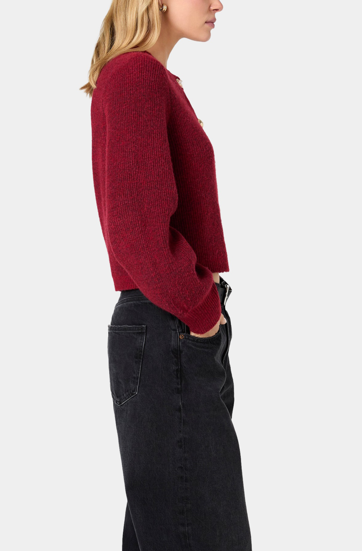 Koda Knit Multi Button Crew Neck Cardigan in Cranberry Glaze – side view