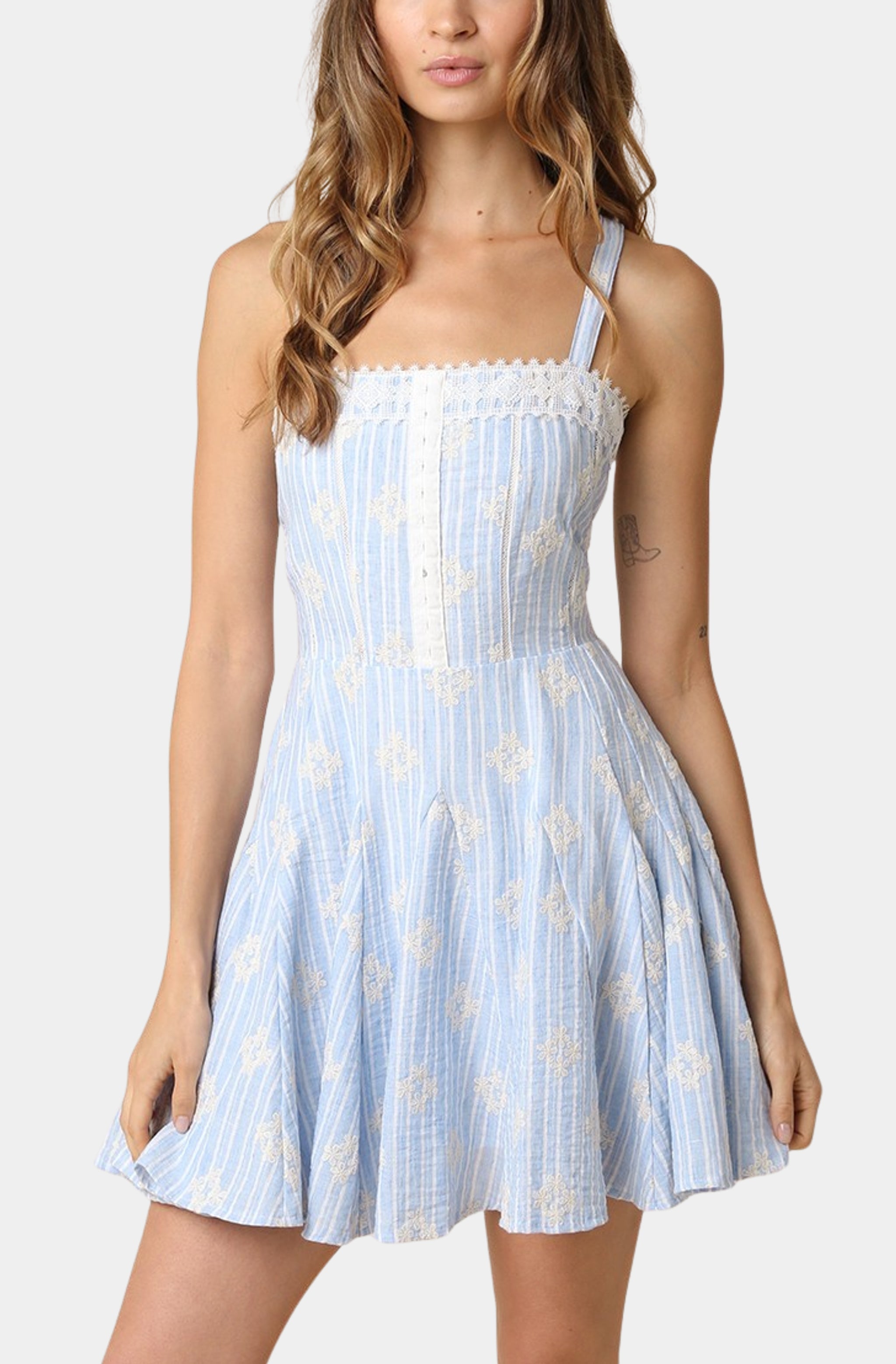 blue lunch lady dress Light Blue Tiered Dress - Floral Burnout Dress - Tie-Strap Dress