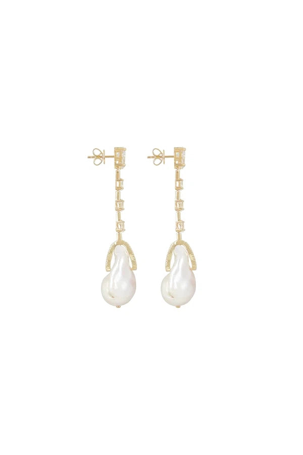 Dangling CZ Baroque Pearl Earrings